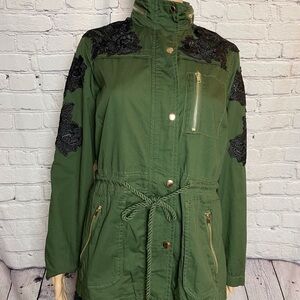 Denim 24/7 Military Green Parka Jacket Black Lace